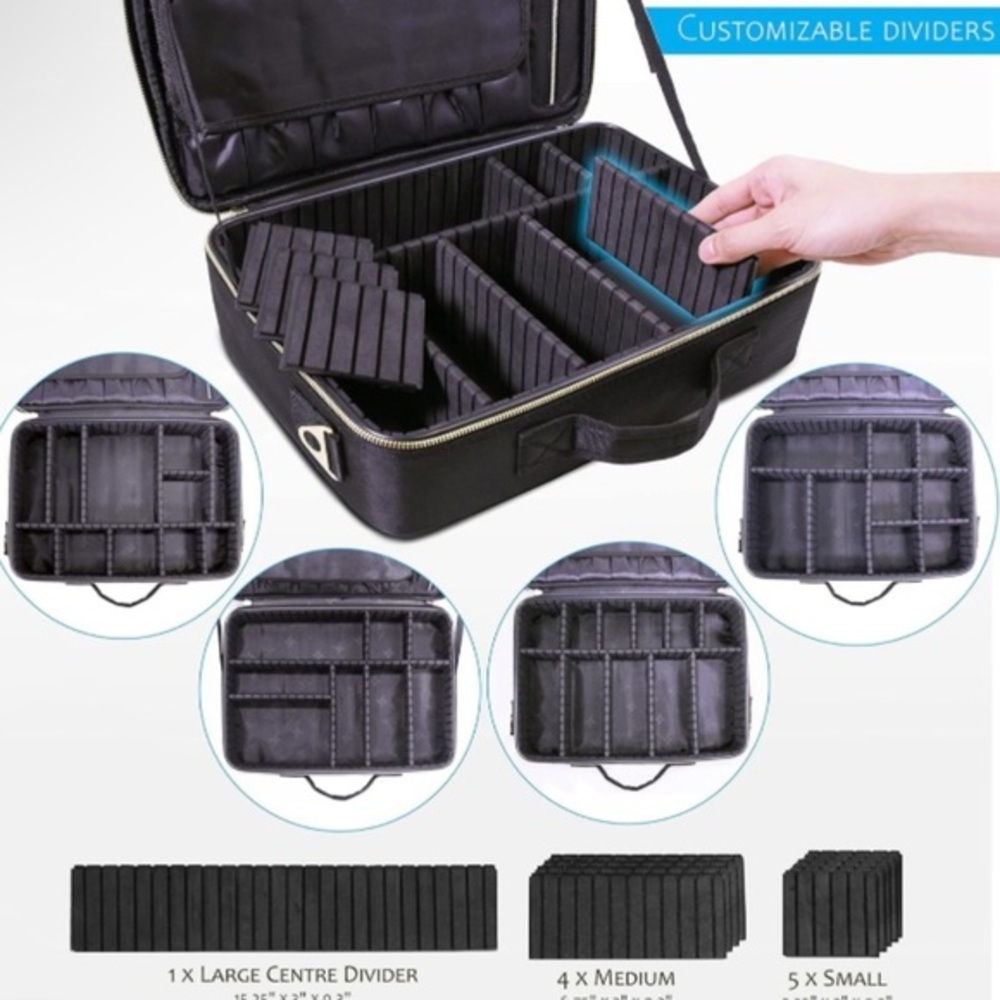 Daniel Harris Make Up Case with 10 Adjustable Dividers & Shoulder Strap- Black